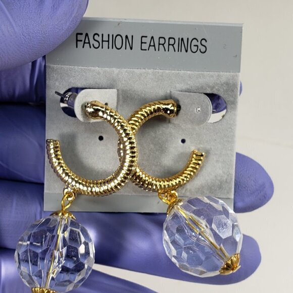 Gold-Tone Textured Hoop Earrings w/ Clear Crystal Drop – Bold Statement Jewelry - Picture 7 of 8